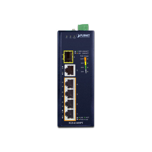 коммутатор/ PLANET IGS-614HPT IP40 Industrial 4-Port 10/100/1000T 802.3at PoE + 1-Port 10/100/1000T + 1-Port 100/1000X SFP Gigabit Ethernet Switch(-40 to 75 C, dual 12V~56V DC power boost, PoE Usage LED)