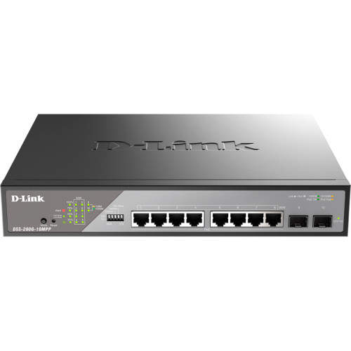 Сетевой коммутатор/ Smart L2 Surveillance Switch 8х1000Base-T PoE 802.3bt 90W, 2x1000Base-X SFP, PoE Budget 242W, Long-range PoE up to 250m