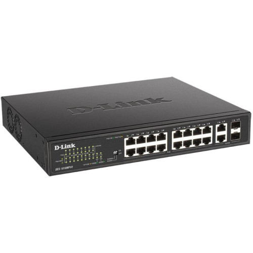 Коммутатор D-Link DES-1018MPV2/A 16x100Мбит/с 2x1Гбит/с 2xКомбо(1000BASE-T/SFP) 16PoE+ 247W неуправляемый Коммутатор D-Link DES-1018MPV2/A 16x100Мбит/с 2x1Гбит/с 2xКомбо(1000BASE-T/SFP) 16PoE+ 247W неуправляемый