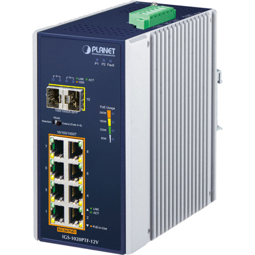 коммутатор/ PLANET IGS-1020PTF IP30 Industrial 8-Port 10/100/1000T 802.3at PoE + 2-Port 100/1000X SFP Ethernet Switch (-40~75 degrees C, 250m Extend mode, PoE Usage LED, dual 48V~56V DC)