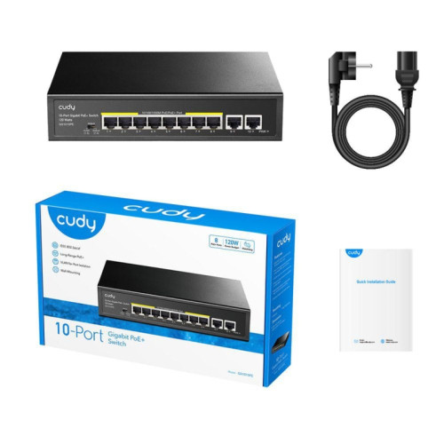 Коммутатор/ 8 RJ-45 10/100/1000M PSE ports +2 RJ45 10/100/1000 Uplink Port Unmanaged PoE+ Switch 120W, 802.3af/at standard,Alternative 1/2(+),3/6(-), Steel Case, Watchdog, 120W internal Коммутатор/ 8 RJ-45 10/100/1000M PSE ports +2 RJ45 10/100/1000 Uplink Port Unmanaged PoE+ Switch 120W, 802.3af/at standard,Alternative 1/2(+),3/6(-), Steel Case, Watchdog, 120W internal