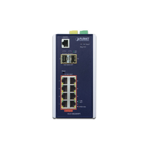 коммутатор/ PLANET IP30 L2+ SNMP Manageable 8-Port Gigabit POE+(AT) Switch + 2-Port Gigabit SFP Industrial Switch (-40 to 75 C), ERPS Ring Supported, 1588