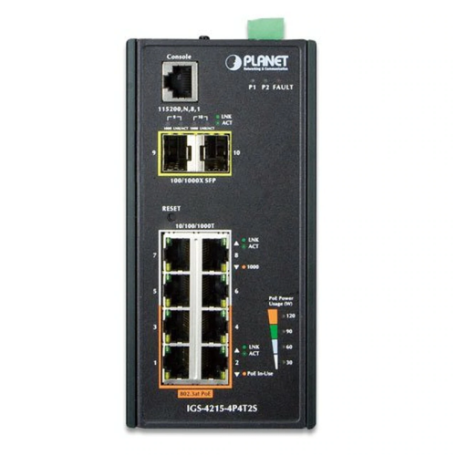 коммутатор/ PLANET IP30 Industrial L2/L4 4-Port 10/100/1000T 802.3at PoE + 4-Port 10/100/100T + 2-Port 100/1000X SFP Managed Switch (-40~75 degrees C), dual redundant power input on 48~56VDC terminal block, SNMPv3, 802.1Q VLAN, IGMP Snooping, SSL, SSH, AC