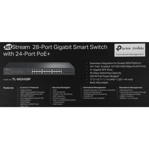 Коммутатор TP-Link SG2428P (L2+) 24x1Гбит/с 4SFP 24PoE+ 250W управляемый