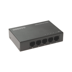 Коммутатор неуправляемый/ OSNOVO Неуправляемый коммутатор Fast Ethernet на 5 портов. Порты: 5 x FE (10/100Base-TX). Auto MDI/MDIX Встроенная грозозащита 2кВ. В комплекте БП DC12V(1A). Размеры (ШхВхГ): 100 x 23 x 65мм. Рабочая температура: 0...+40 гр. С.