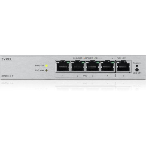 Коммутатор Zyxel GS1200-5HPV3-EU0101F (L2) 5x1Гбит/с 4PoE+ 68W управляемый Коммутатор Zyxel GS1200-5HPV3-EU0101F (L2) 5x1Гбит/с 4PoE+ 68W управляемый