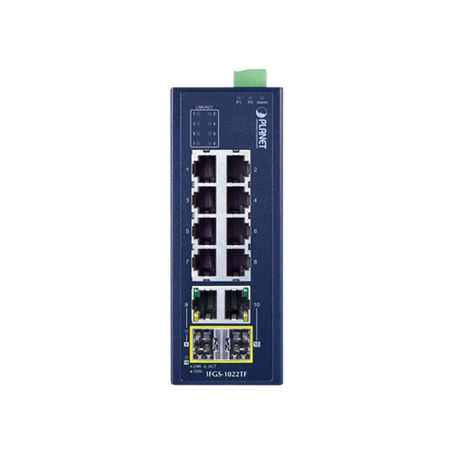 коммутатор/ PLANET IFGS-1022TF IP30 Industrial 8-Port 10/100TX + 2-Port Gigabit TP/SFP Combo Ethernet Switch (-40 to 75 C, dual redundant power input on 9-48VDC/24VAC terminal block)