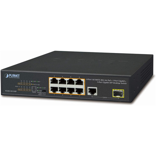 FGSD-1011HP неуправляемый PoE коммутатор/ 8-Port 10/100TX 802.3at PoE + 1-Port 10/100/1000T + 1-Port 100/1000X SFP Desktop Switch (120W PoE Budget, Standard/VLAN/Extend mode, 10-inch and rack-mountable)