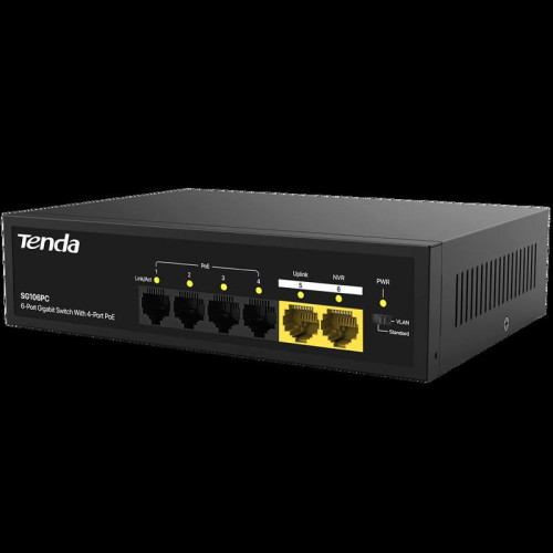 Коммутатор Tenda SG106PC Коммутатор неуправляемый PoE, 6 портов 6x1 Гбит/с, PoE 4х до 30 Вт, 2хUplink, настольный