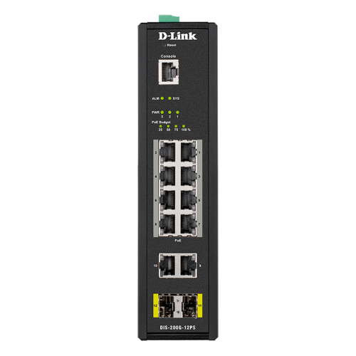 Коммутатор/ DIS-200G-12PS Managed L2 Industrial Switch 10x1000Base-T (8x1000Base-T PoE), 2x1000Base-X SFP, PoE Budget 123W, Surge 6KV, CLI, RJ45 Console, Alarm relay, Dying Gasp, DIN-Rail, metal case IP30, -40 to 65°C, w/o power adapter