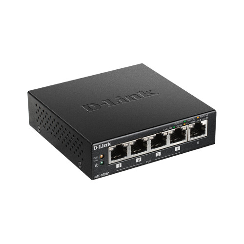 Коммутатор/ DGS-1005P Unmanaged Switch 5x1000Base-T (4x1000Base-T PoE), PoE Budget 60W, metal case