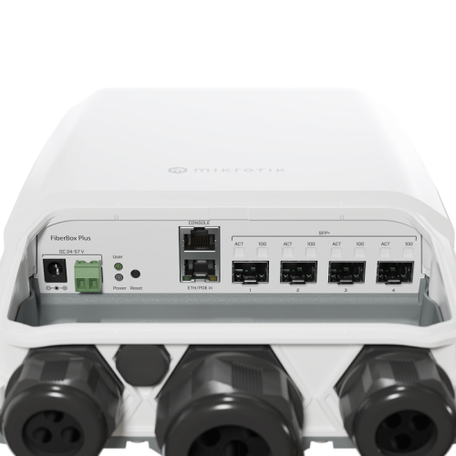 Коммутатор/ FiberBox Plus CRS305-1G-4S+OUT with 800MHz CPU, 256MB RAM, 1xGigabit LAN, 4 x SFP+ cages, RouterOS L5 or SwitchOS (dual boot), IP66 compliant outdoor enclosure, mounting kit, PSU, PoE injector