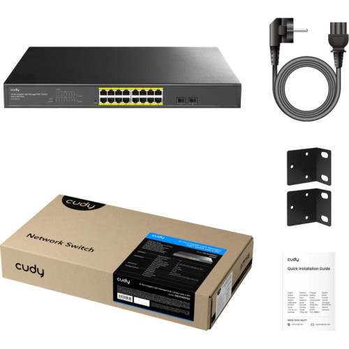Коммутатор/ 16-Port 10/100/1000M PoE+ Switch 200W, 16-Port 10/100/1000M PoE+ ports, 802.3at/af, 2-1000 BASE-X SFP Slot, Local Management via Web GUI, support STP/RSTP, 802.1ab LLDP, Loop Detection, QoS, VLAN, SNMP, IGMP Snooping, DHCP Snooping, Port Mirro