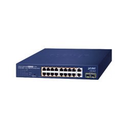 коммутатор/ PLANET GSD-2022P 16-Port 10/100/1000T 802.3at PoE + 2-Port 10/100/1000T + 2-Port 1000X SFP Unmanaged Gigabit Ethernet Switch (185W PoE Budget, Standard/VLAN/Extend mode, supports PD alive check, desktop size with rackmount kit)