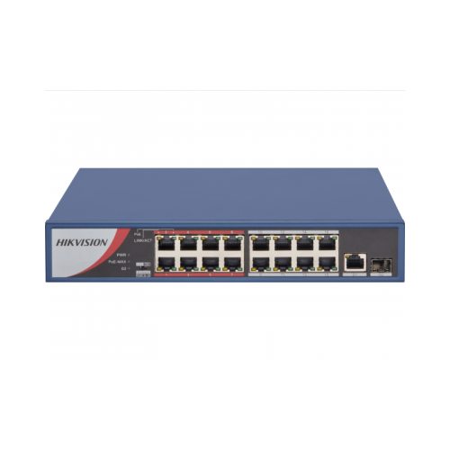 Неуправляемый коммутатор. 16 RJ45 100M PoE  с грозозащитой 6кВ; 1 Uplink порт 1000М Ethernet; 1 Uplink порт 1000М SFP; бюджет PoE 130Вт; Порты 9-16 поддерживают режим передачи до 250м,10Мб/с, CAT5e