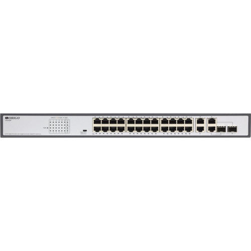 Unmanaged Switch 26x1000Base-T (24x1000Base-T PoE), 2xCombo 1000Base-T/SFP, PoE Budget 370W, Long-range PoE up to 250m, 19
