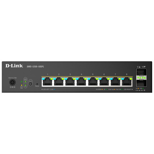 Коммутатор/ Управляемый L2 PoE-коммутатор, 8x2.5GBase-T PoE (2 порта PoE 802.3bt 60 Вт), 2x10GBase-X SFP+, PoE-бюджет 120 Вт, защита от статического электричества до 6 кВ, CLI