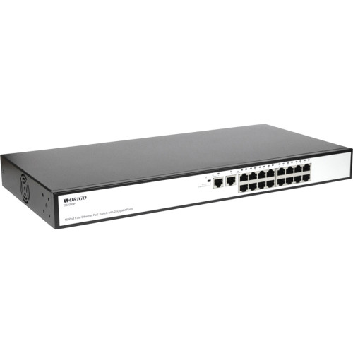 Unmanaged Switch 16x100Base-TX PoE, 2x1000Base-T, PoE Budget 190W, Long-range PoE up to 250m, 19