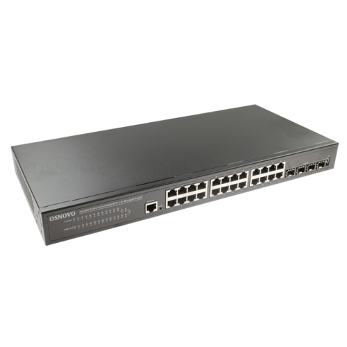 Коммутатор/ OSNOVO Управляемый L2+ коммутатор Gigabit Ethernet на 28 портов. Порты: 24 x GE (10/100/1000Base-T) + 4 x 1G/10G SFP+ Uplink. Консольный порт, Уровень управления L2+. Поддержка Jumbo Frame 12K, IGMP Snooping, DHCP-сервер, статическая маршрутиз