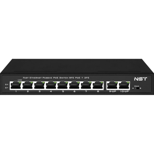 Passive PoE коммутатор Fast Ethernet на 10 портов. Порты: 8 х FE (10/100 Base-T, 52V 4,5(+) 7,8(–)) совместимы с PoE (IEEE 802.3af/at), 2 x FE (10/100 Base-T) Uplink. Совместим со стандартами PoE IEEE 802.3af/at. Мощность PoE на порт - до 30W. Поддержка р