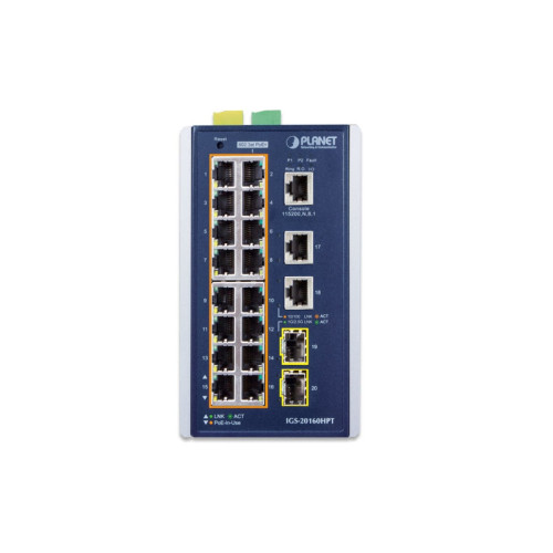 коммутатор/ PLANET IP30 Industrial L2+/L4 16-Port 1000T 802.3at PoE+ 2-Port 1000T + 2-port 100/1000X SFP Full Managed Switch (-40 to 75 C, dual redundant power input on 48~56VDC terminal block, DIDO, ERPS Ring Supported, 1588)