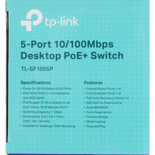 Коммутатор TP-Link TL-SF1005P (L2) 5x100Мбит/с 4PoE 58W неуправляемый