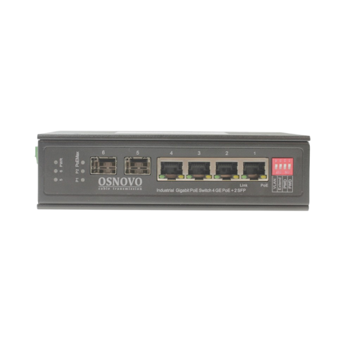 Коммутатор/ OSNOVO SW-80402-I Промышленный PoE коммутатор Gigabit Ethernet на 4GE PoE + 2 GE SFP порта. Порты: 1 xGE (10/100/1000Base-T) с PoE BT (до 90W) + 3xGE (10/100/1000Base-T) с PoE (до 30W) + 2xGE SFP (1000Base-X). Соответствует стандартам PoE IEEE