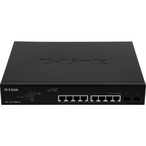 Коммутатор D-Link DGS-1100-10MPPV2/A (L2) 8x1Гбит/с 2SFP 8PoE+ 242W настраиваемый