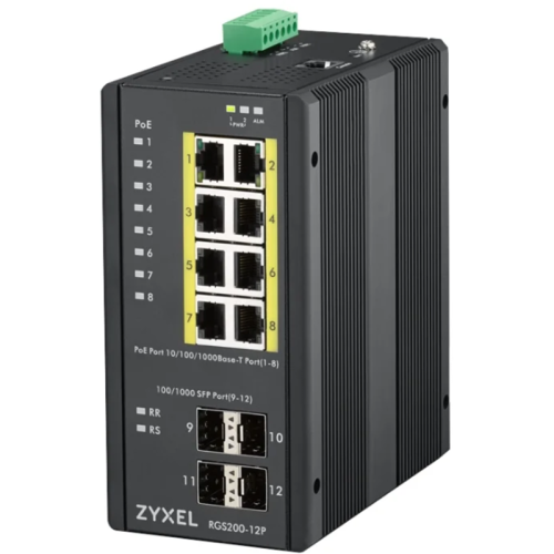 Коммутатор/ ZYXEL RGS200-12P, 12 Port managed PoE Switch, 240 Watt PoE, DIN Rail, IP30, 12-58V DC