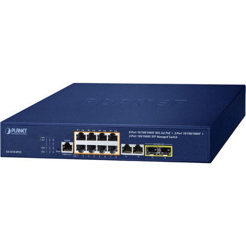 коммутатор/ PLANET GS-4210-8P2C IPv4/IPv6, 8-Port Managed 802.3at POE+ Gigabit Ethernet Switch + 2-Port 10/100/1000Mbps RJ45 + 2-Port 100/1000X SFP (120W PoE Budget, 250m Extend mode, supports CloudViewer app, MQTT and cybersecurity features)