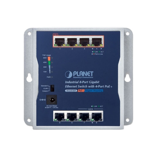 коммутатор/ PLANET WGS-814HP P30 Industrial 8-Port 10/100/1000T Wall-mount Gigabit Switch with 4-Port 802.3at PoE+ (60W PoE Budget, Standard/VLAN/Extend mode, fanless, -20 to 60 C),54V 72W AC power adapter included