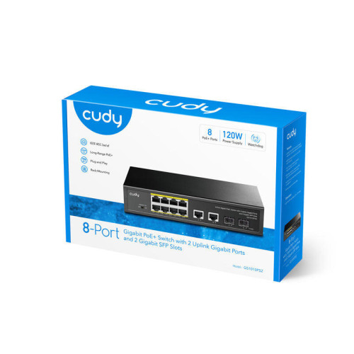 Коммутатор/ 8-10/100/1000 BASE-T Gigabit ports,2-Port 10/100/1000 BASE-T Gigabit Uplink ports, 2-1000 BASE-X SFP Slot, 8-port IEEE 802.3at PoE+ Injector, Supports PoE power up to 30W for each PoE port, Extend Mode (Port#7 and #8 support transmit distance 