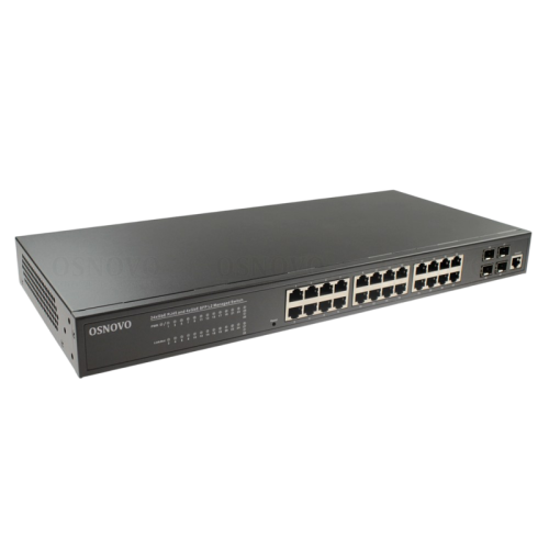 Коммутатор/ OSNOVO SW-24G4SF-L2 Управляемый L2+ коммутатор Gigabit Ethernet на 28 портов.Порты: 24 x GE (10/100/1000Base-T) + 4 x GE SFP (1000Base-X), Консольный порт; Уровень управления L2+ (Full managed); Поддержка Jumbo Frame 10K, IGMP Snooping, DHCP-с