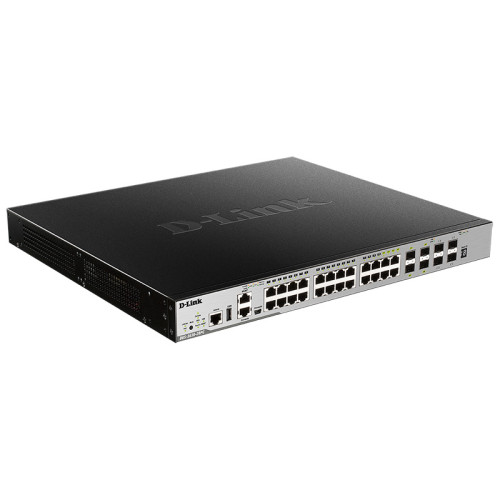 Коммутатор/ Managed L3 Stackable Switch 20x1000Base-T PoE, 4x10GBase-X SFP+, 4xCombo 1000Base-T PoE/SFP, PoE Budget 370W (740W with DPS-700), Surge 6KV, CLI, 1000Base-T Management, RJ45 Console, mini-USB Console, USB, RPS, Alarm RJ-45, Dying Gasp, Standar