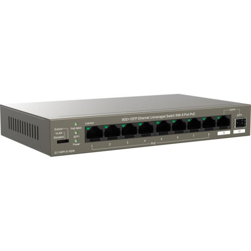 Коммутатор IP-Com G1110PF-8-102W (L2) 9x1Гбит/с 1xКомбо(1000BASE-T/SFP) 1SFP 8PoE 92W неуправляемый