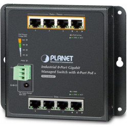 WGS-804HPT индустриальный коммутатор/ IP30, IPv6/IPv4, 8-Port 1000TP Wall-mount Managed Ethernet Switch with 4-Port 802.3AT POE+ (-40 to 75 C), dual redundant power input on 48-56VDC terminal block and power jack, SNMPv3, 802.1Q VLAN, IGMP Snooping, SSL, 