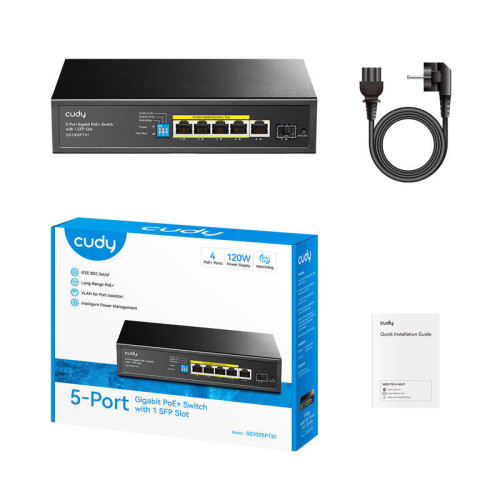 Коммутатор/ 5-Port 10/100/1000M PoE+ Switch 120W, 4-Port 10/100/1000M PoE+ ports, 120 watts total PoE budget, 60 watts for port #1, 802.3at/af, VLAN mode support for port #1 ~ #4, Extend mode support for port #3 ~ #4, Fanless, ±4KV Surge Protection,Watchd