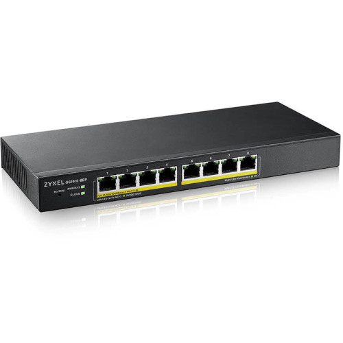 Zyxel NebulaFlex GS1915-8EP Hybrid Smart L2 PoE+ Switch, 8xGE PoE+, Silent (No Fan), 60W PoE Budget, Standalone/Cloud Management