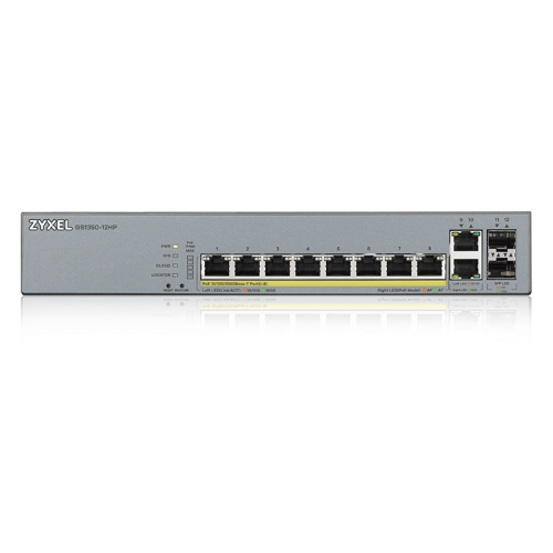 ZYXEL GS1350-12HP L2 PoE + switch for IP cameras, 10xGE (8xPoE +), 2xSFP, PoE budget 130 W, power transmission distance up to 250 m, auto-reloading of PoE ports, increased overvoltage and electrostatic discharge protection