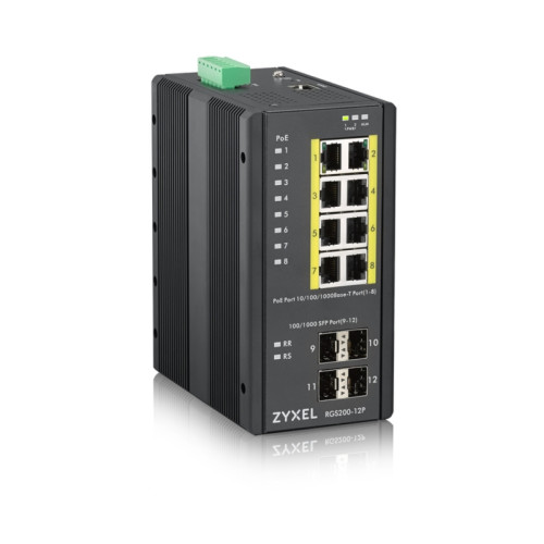 Коммутатор/ ZYXEL RGS200-12P, 12 Port managed PoE Switch, 240 Watt PoE, DIN Rail, IP30, 12-58V DC