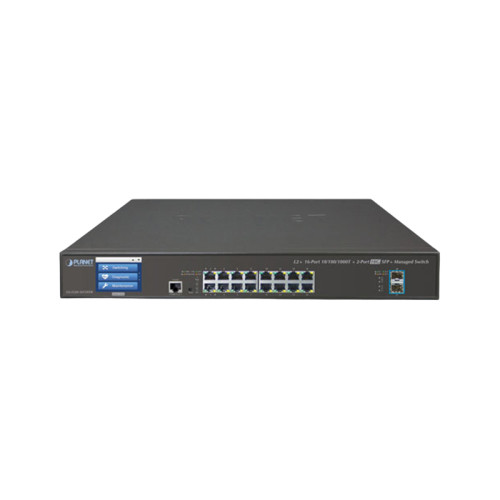 коммутатор/ PLANET GS-5220-16T2XVR L2+/L4 16-Port 10/100/1000T + 2-Port 10G SFP+ Managed Switch with Color LCD Touch Screen, Hardware Layer3 IPv4/IPv6 Static Routing, ERPS Ring,Cybersecurity features, W/ 48V Redundant Power