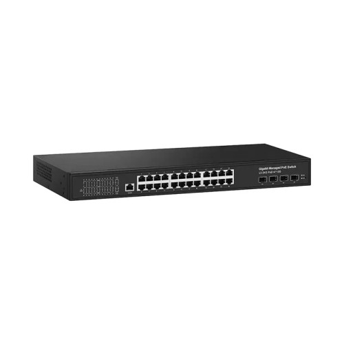 Управляемый L3 PoE коммутатор на 24xGE RJ-45 c PoE + 4х10G SFP+ порта. Порты: 2 x GE (10/100/1000 Base-T) с PoE (до 90W, A+B) + 22 x GE (10/100/1000 Base-T) с поддержкой PoE (IEEE 802.3af/at), 4 x 10G SFP+ Uplink. Консольный порт. Соответствует стандартам