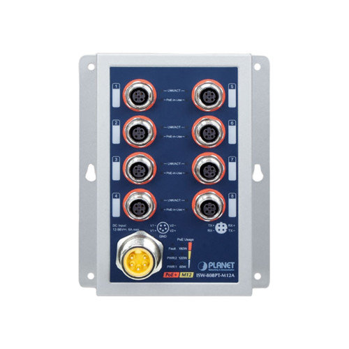 коммутатор/ PLANET ISW-808PT-M12 IP67-rated Industrial 8-Port 10/100TX M12 802.3at PoE+ Switch (-40~75 degrees C, dual 12~56V power boost)