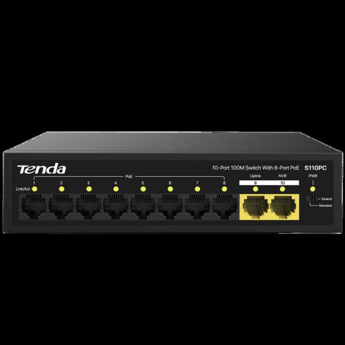 Коммутатор Tenda S110PC Коммутатор неуправляемый PoE, 10 портов 10x100 Мбит/с, PoE 8х до 30 Вт, настольный