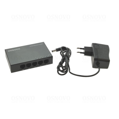 Коммутатор неуправляемый/ OSNOVO Неуправляемый коммутатор Fast Ethernet на 5 портов. Порты: 5 x FE (10/100Base-TX). Auto MDI/MDIX Встроенная грозозащита 2кВ. В комплекте БП DC12V(1A). Размеры (ШхВхГ): 100 x 23 x 65мм. Рабочая температура: 0...+40 гр. С.