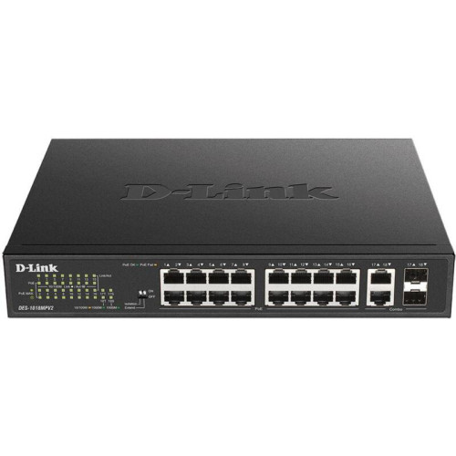 Коммутатор D-Link DES-1018MPV2/A 16x100Мбит/с 2x1Гбит/с 2xКомбо(1000BASE-T/SFP) 16PoE+ 247W неуправляемый Коммутатор D-Link DES-1018MPV2/A 16x100Мбит/с 2x1Гбит/с 2xКомбо(1000BASE-T/SFP) 16PoE+ 247W неуправляемый