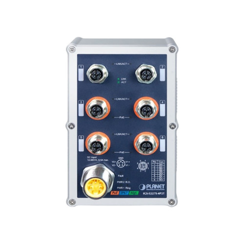 коммутатор/ PLANET IGS-5227X-4P2T IP67-rated Industrial L2+ 4-Port 10/100/1000T M12 802.3at PoE + 2-Port 10/100/1000T M12 Managed Ethernet Switch(X-coded M12, -40~75 degrees C, Dual 12~56V DC power boost, ERPS Ring, 1588 TC, Modbus TCP, ONVIF, Cybersecuri