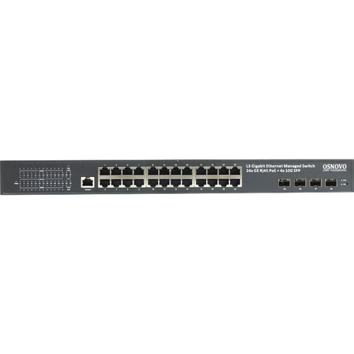 Коммутатор/ OSNOVO Гигабитный L3 PoE коммутатор на 28 портов, 24 *10/100/1000 Base-T PoE, 4*10G SFP+ Uplink, PoE на порт до 30W, суммарно до 400W