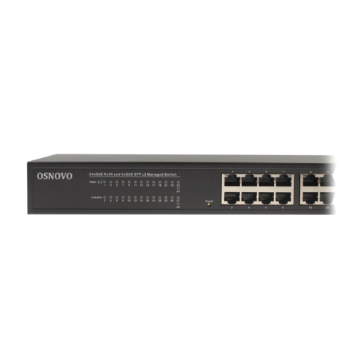 Коммутатор/ OSNOVO SW-24G4SF-L2 Управляемый L2+ коммутатор Gigabit Ethernet на 28 портов.Порты: 24 x GE (10/100/1000Base-T) + 4 x GE SFP (1000Base-X), Консольный порт; Уровень управления L2+ (Full managed); Поддержка Jumbo Frame 10K, IGMP Snooping, DHCP-с