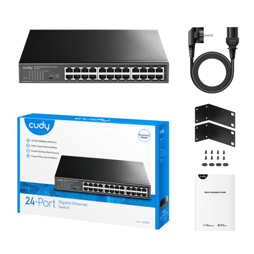 Коммутатор/ 24-Port Gigabit Switch, 24 Gigabit RJ45 Ports, IGMP Snooping, Loop Detection/Prevention, 802.1p/DSCP QoS, Switch/VLAN/Extend working mode DIP switch, Rack-mountable Steel Case, Power Saving, Plug & Play, Rack-Mount kits included